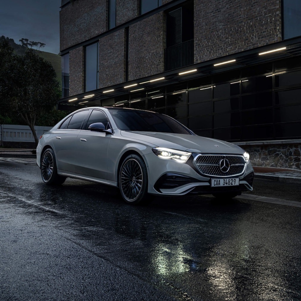 The E-Class Sedan: a side rear view of the luxury car from Mercedes-Benz.