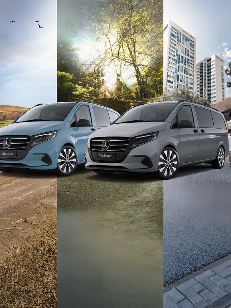 A relaxed man is sitting in front of his Mercedes with his tablet.