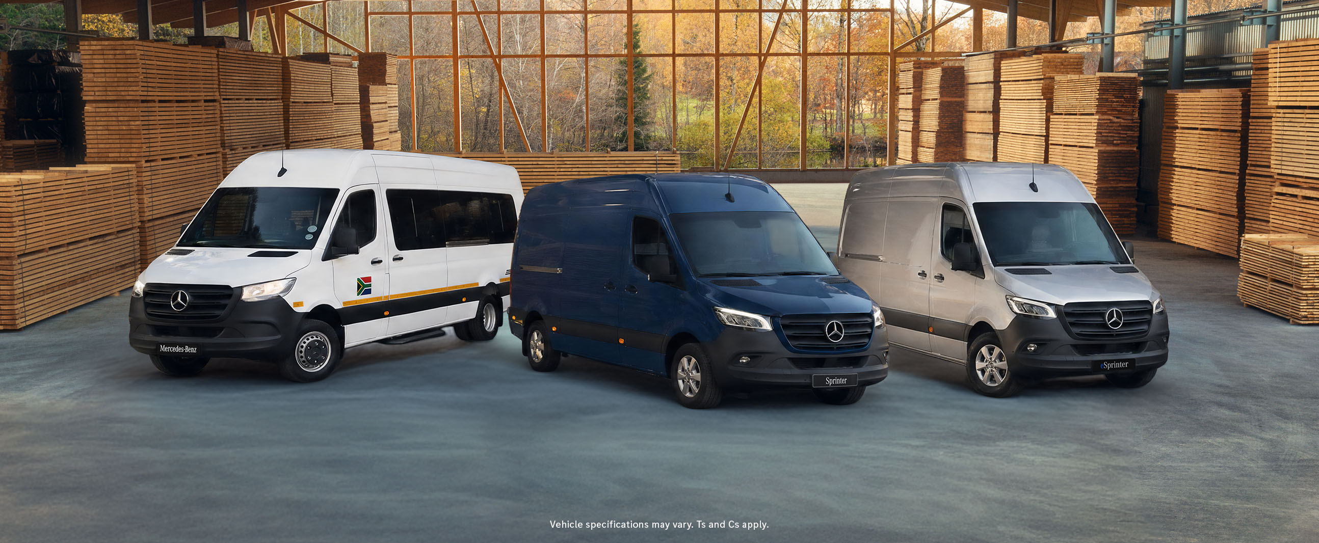 Sprinter | Mercedes-Benz Vans The Mercedes-Benz Sprinter as a Platform and Panel Van stand next to one another in front of a modern office complex.