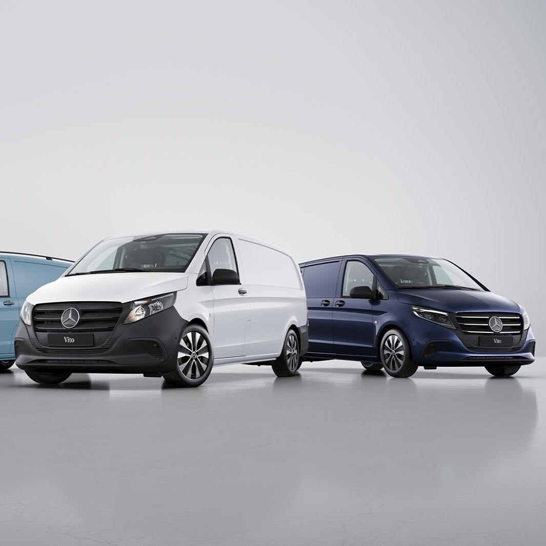 The Mercedes-Benz Vito Panel Van, Mixto and Tourer stand next to each other on a logistics site.
