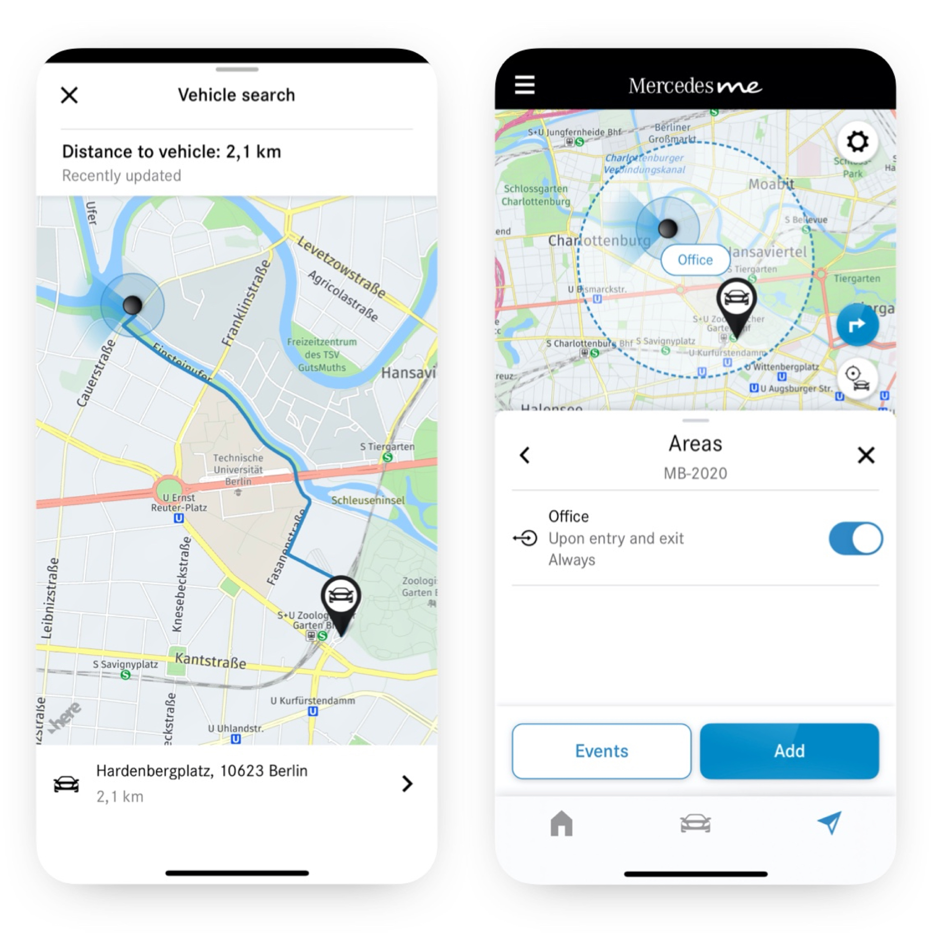 Geofencing | Excellence Package | Mercedes-Benz Thanks to the Geofencing Digital Extra, a smartphone shows if the vehicle is driving inside or outside a defined area.