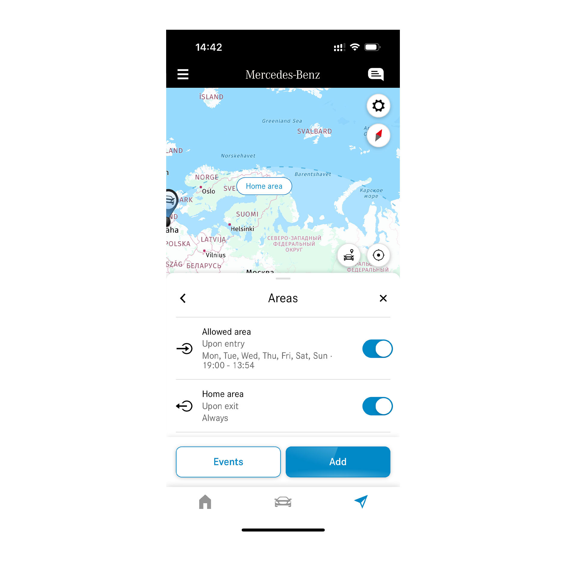Geofencing | Remote | Mercedes-Benz Thanks to the Geofencing Digital Extra, a smartphone shows if the vehicle is driving inside or outside a defined area.