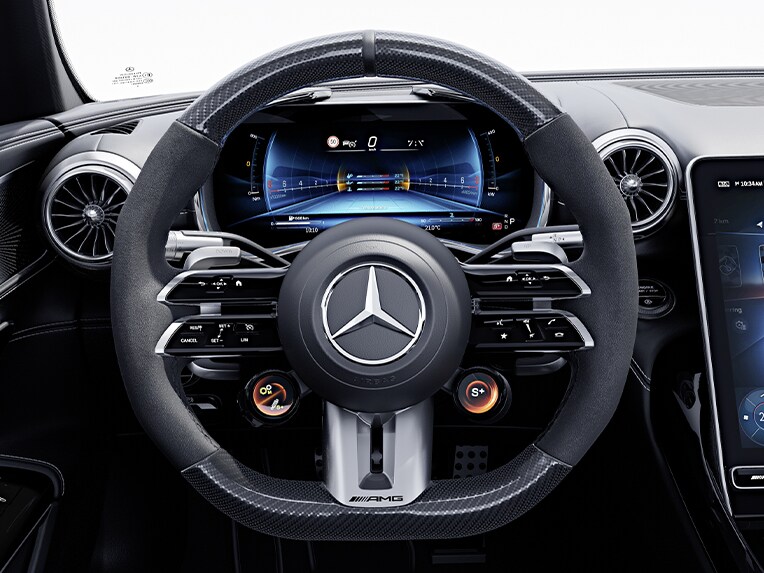 The AMG Performance steering wheel in carbon fibre design / MICROCUT microfibre in the new Mercedes-AMG GT 63 S E PERFORMANCE.