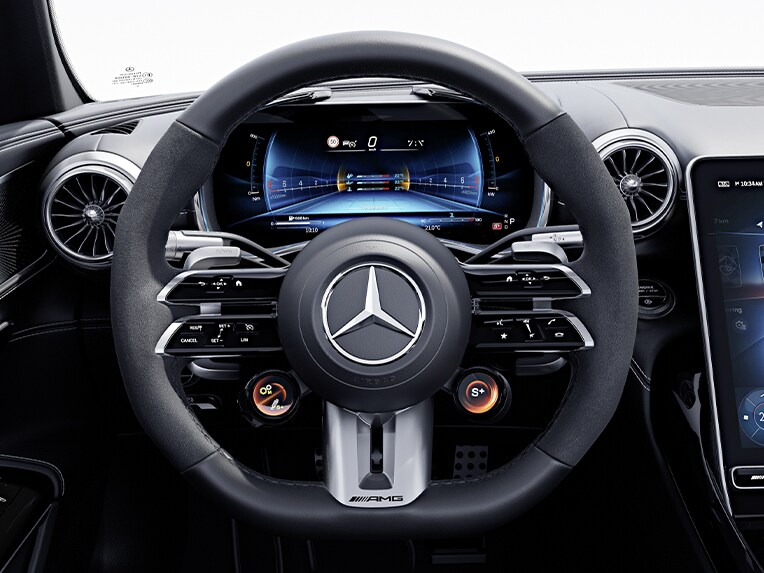 The AMG Performance steering wheel in nappa leather / MICROCUT microfibre in the new Mercedes-AMG GT 63 S E PERFORMANCE.