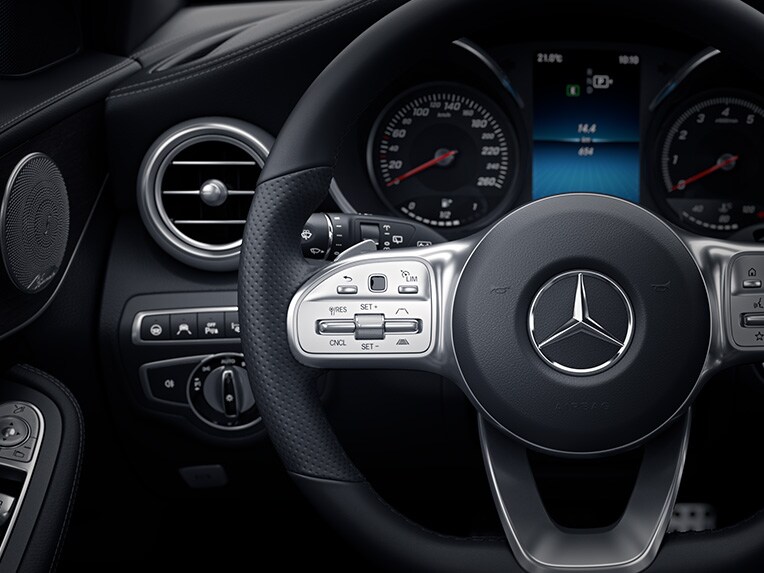 Steering wheel in the Mercedes-Benz C-Class Cabriolet.