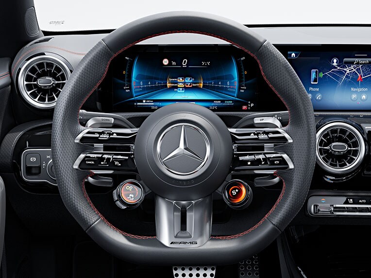 AMG Performance steering wheel in nappa leather in the CLA Coupé from Mercedes-AMG.