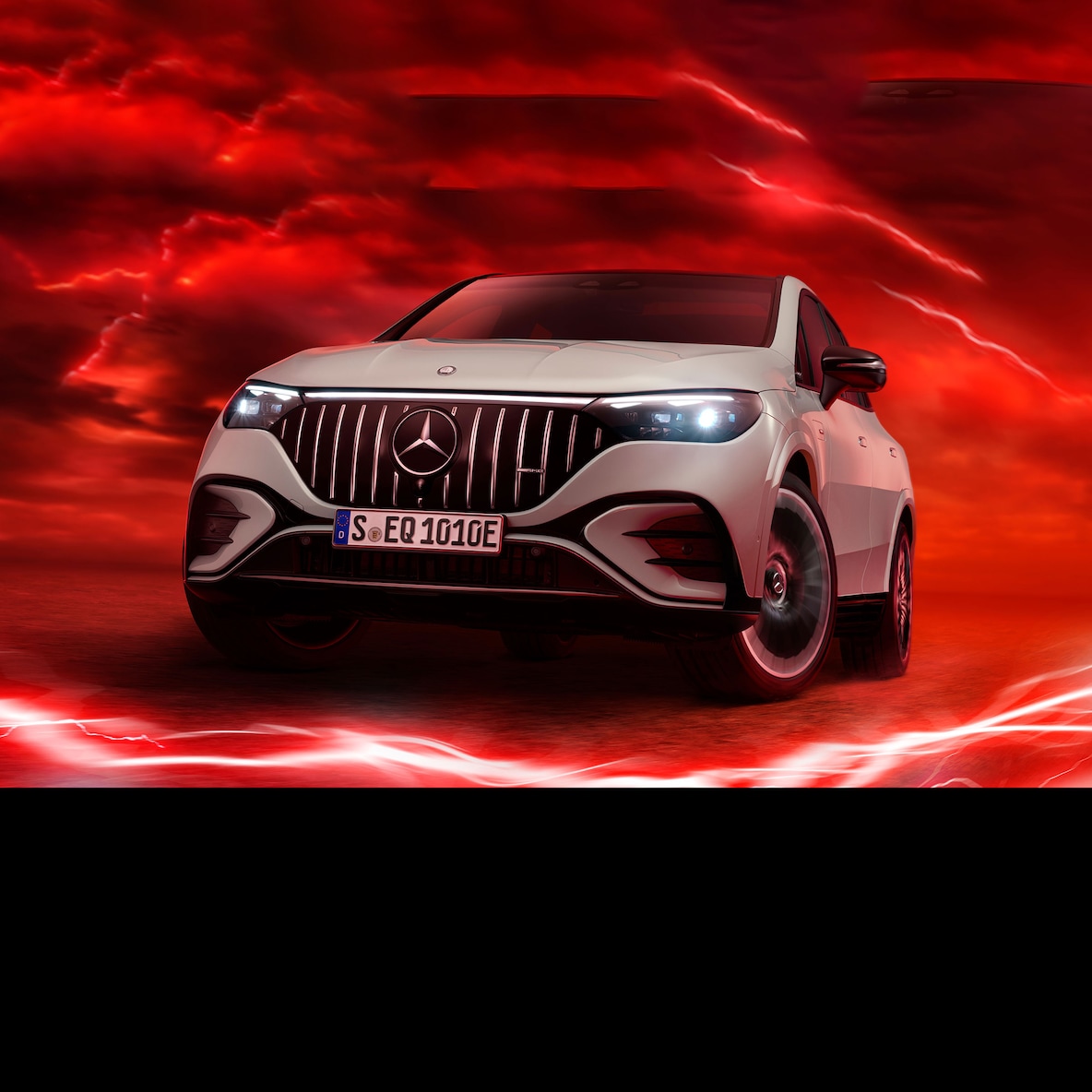 Mercedes-AMG EQE 53 4MATIC+ in the front view against a red background.