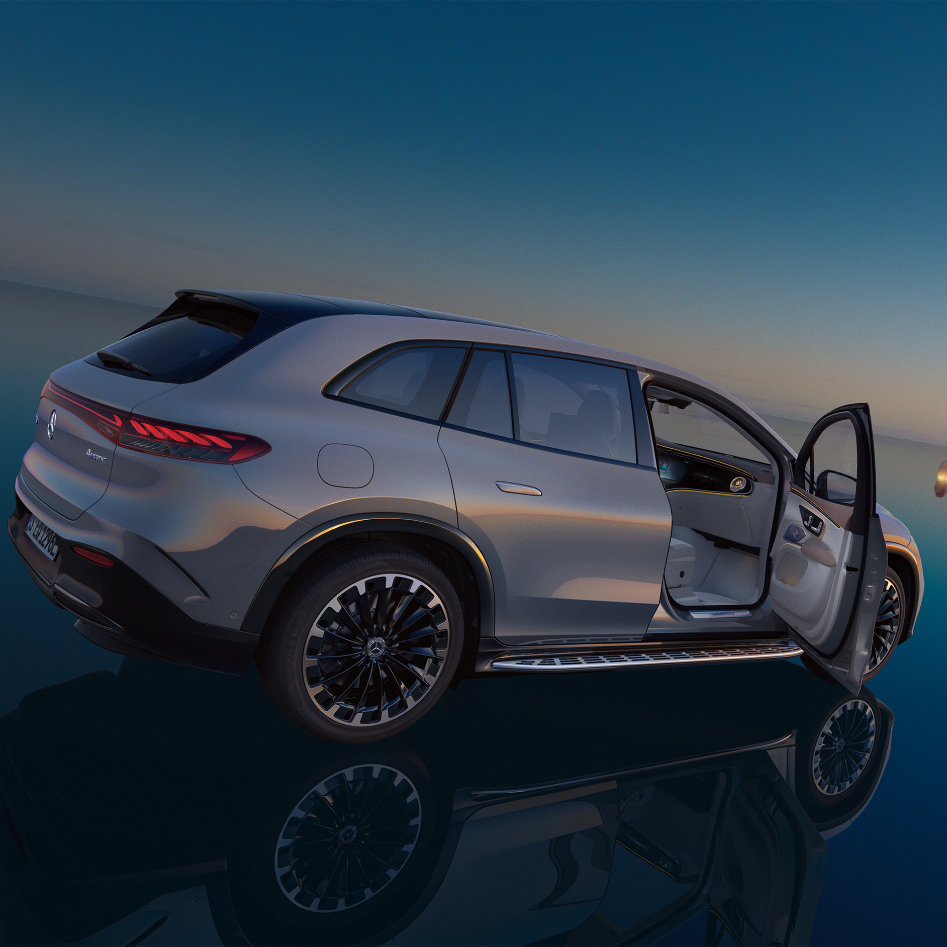 Insurance | EQS SUV | Mercedes-EQ The EQS SUV from a side rear perspective.