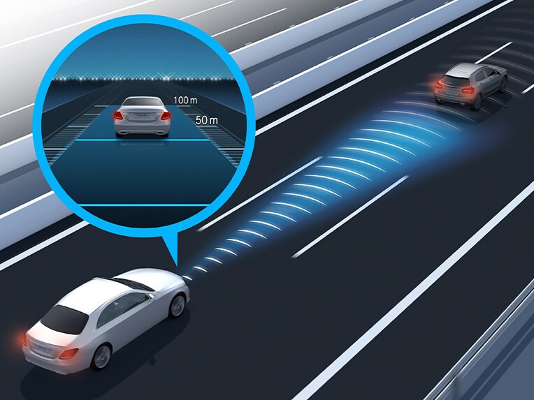 A graphic representation of Active Distance Assist DISTRONIC in the EQS Saloon from Mercedes-EQ.