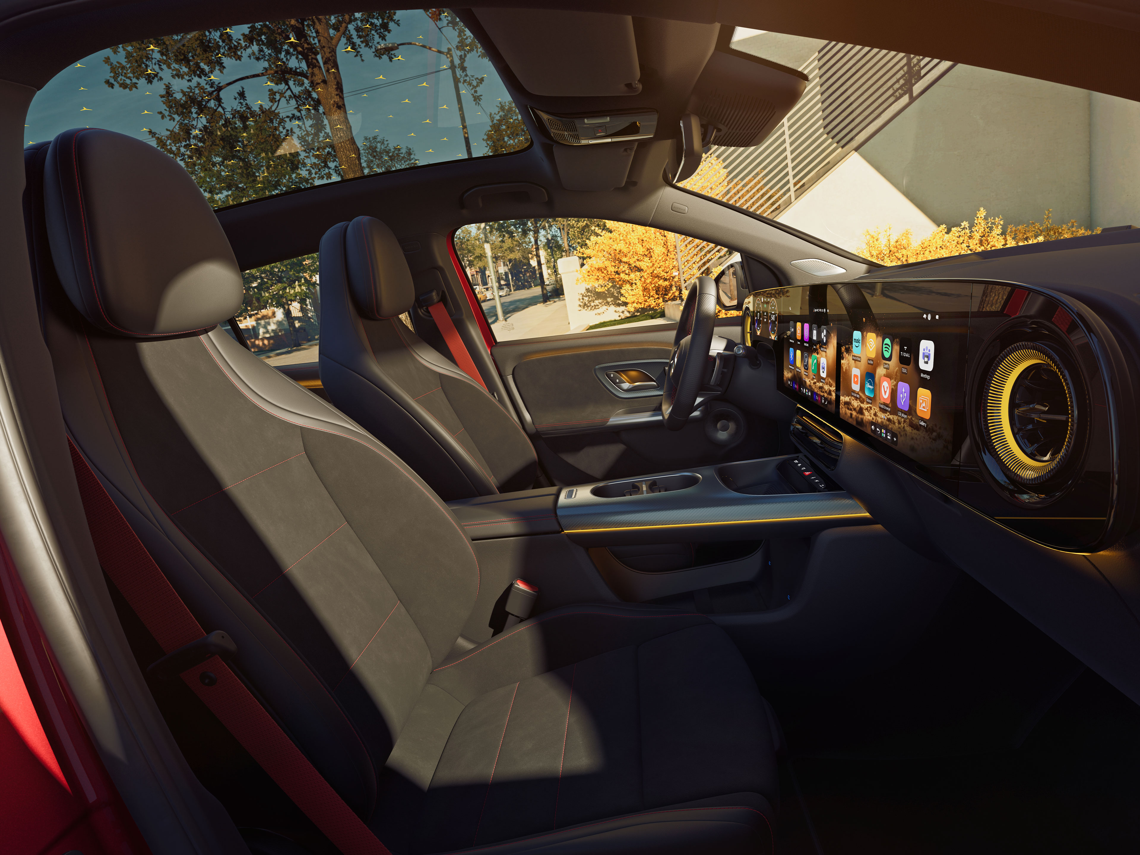 Interior | The all-new electric GLA | Mercedes-Benz The interior of the all-new electric GLA from Mercedes-Benz with focus on the front and rear seat rows viewed from the front passenger's window.
