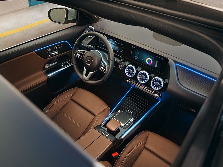 An interior view of the GLA from Mercedes-Benz with ambient lighting.