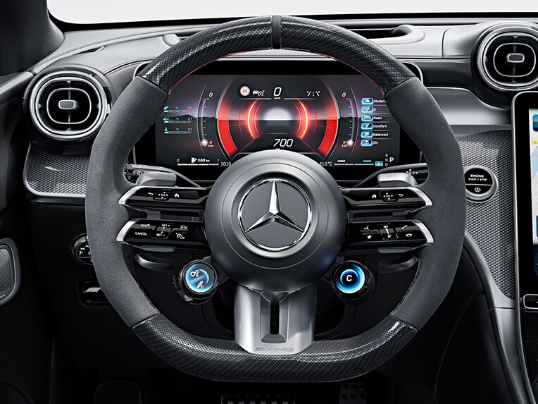 The AMG Performance steering wheel in carbon fibre design / MICROCUT microfibre in the Mercedes-AMG GLC Coupé.