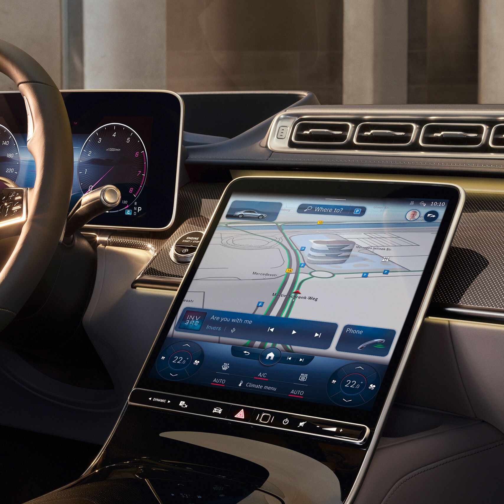Vehicle interior showing the large touch display with MBUX in the new Mercedes-Benz S-Class.
