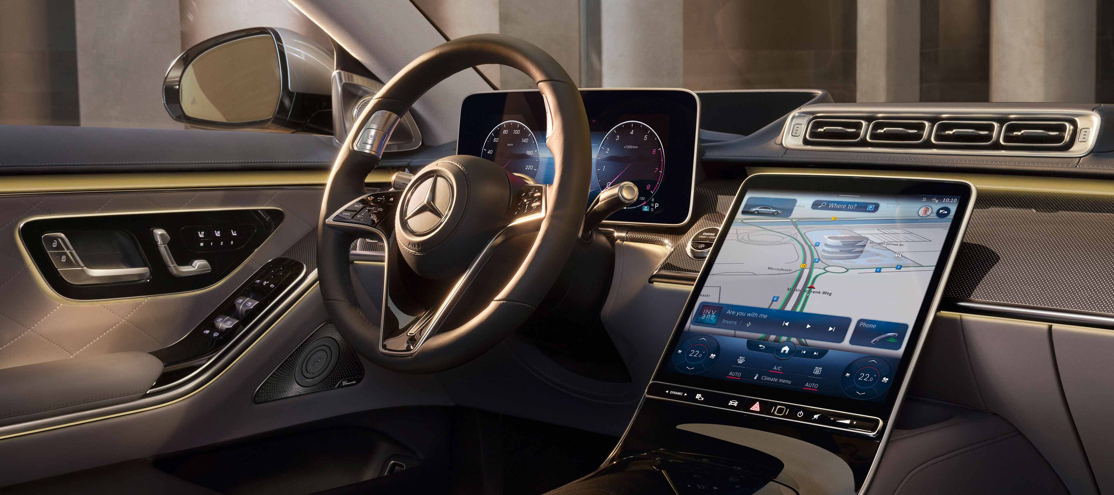 Zero Layer MBUX home screen Vehicle interior showing the large touch display with MBUX in the new Mercedes-Benz S-Class.
