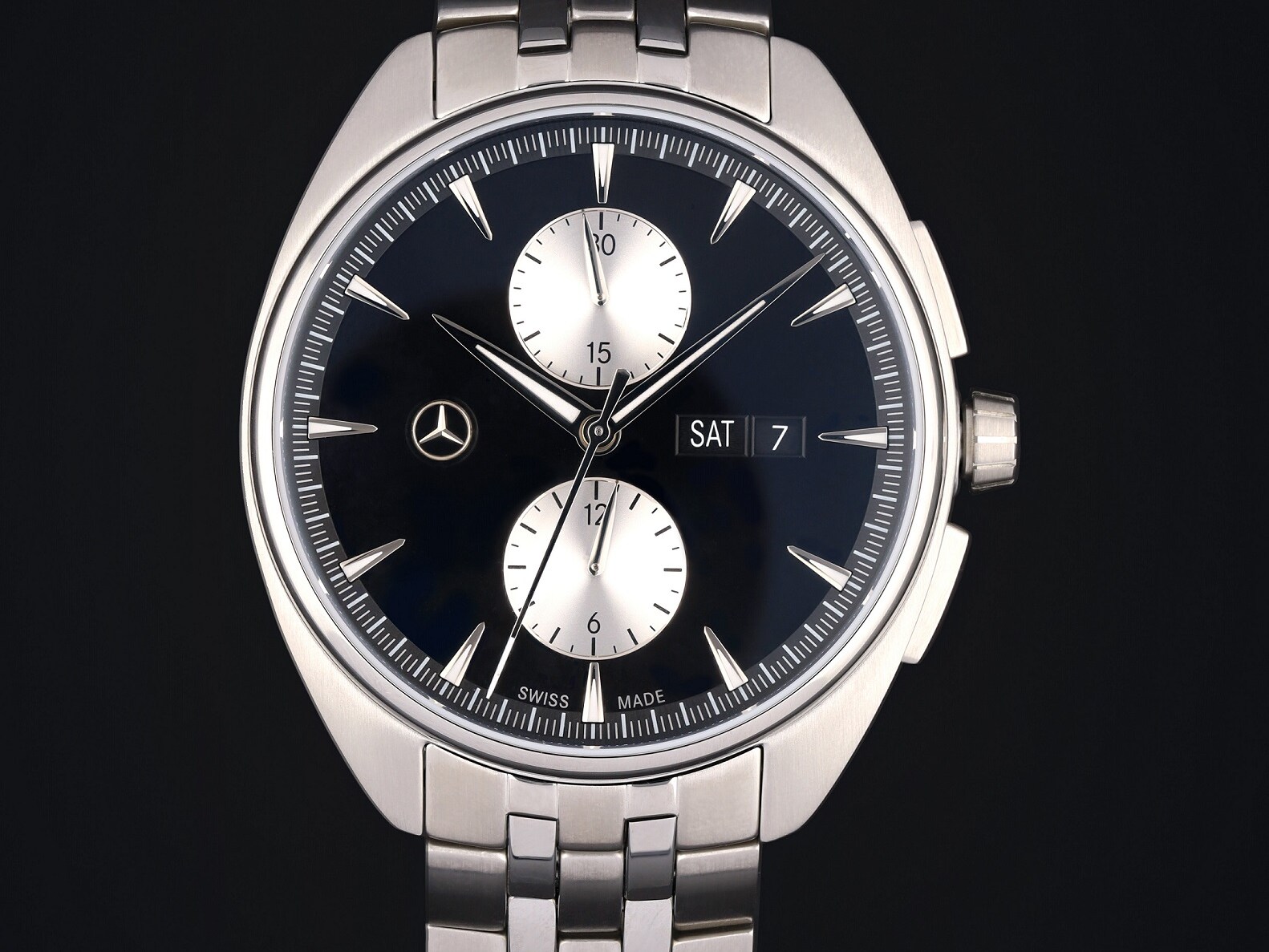 Close-up of the Mercedes-Benz automatic chronograph showing its clear, refined design.