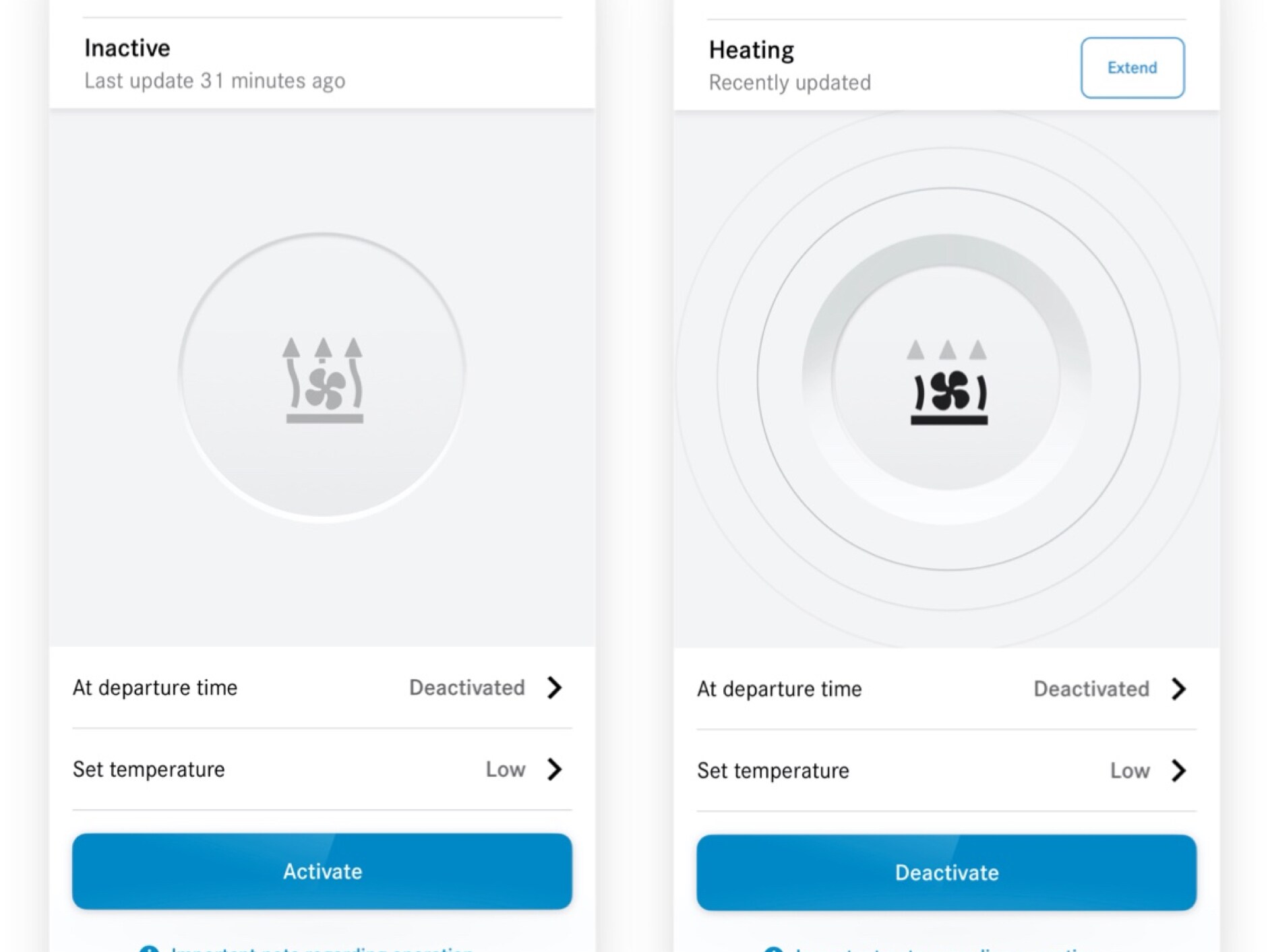 The climate control system is set using the Auxiliary Heating / Ventilation Digital Extra on a smartphone.