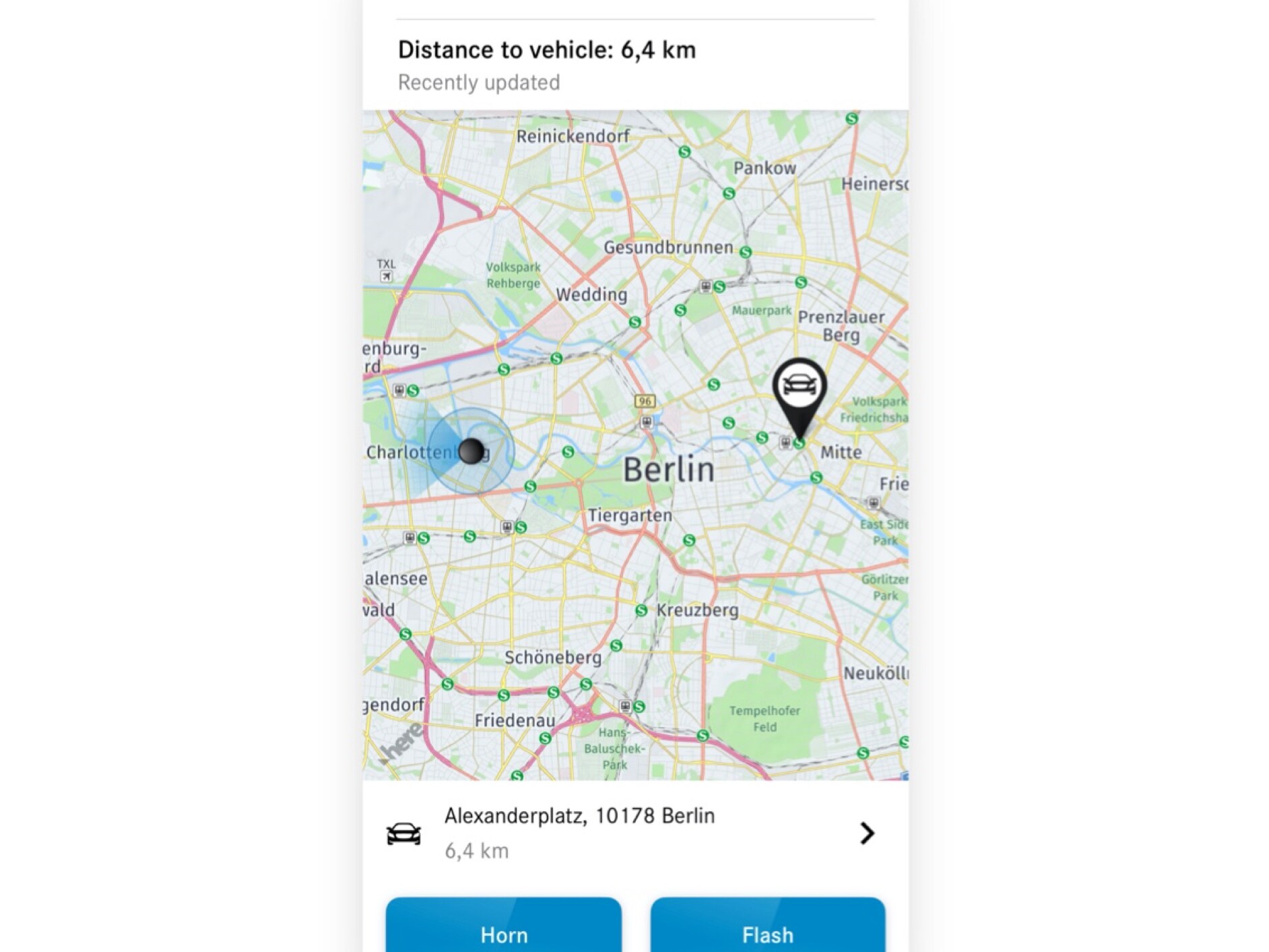 The location of the Mercedes-Benz is displayed on a smartphone by the Parked Vehicle Locator Digital Extra.