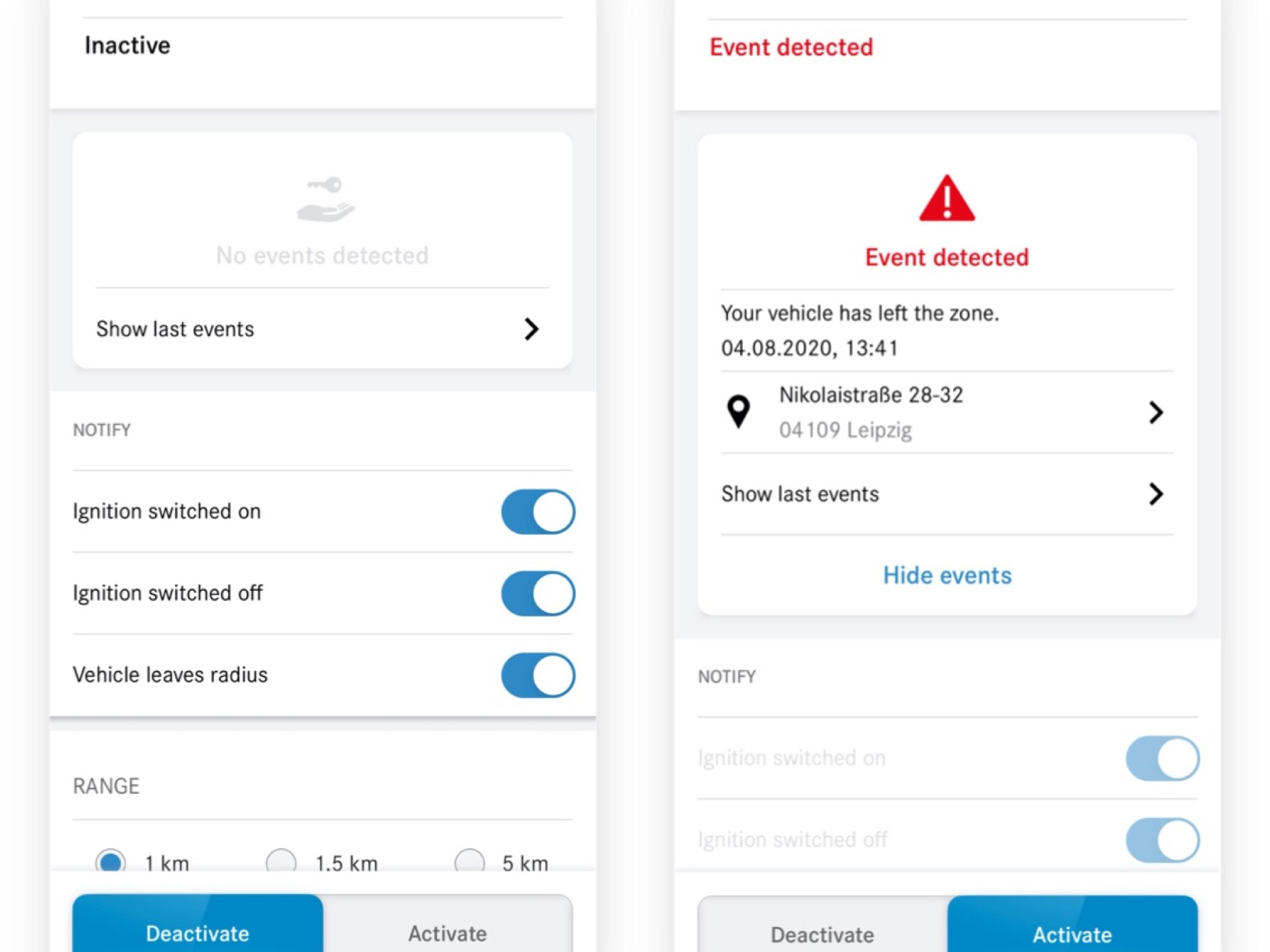 You can see on a smartphone the different screens that appear when the Remote Control, Valet Service Mode Digital Extra detects an infringement.