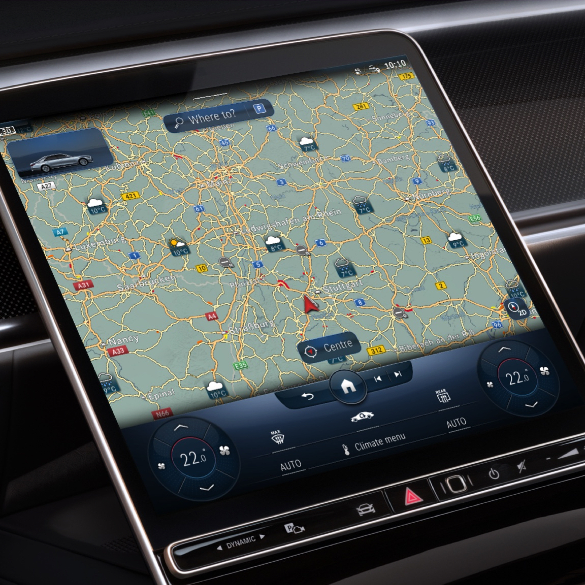 Weather Map | Navigation | Mercedes-Benz The MBUX multimedia system displays the forecast weather in the destination region thanks to the Weather Map Digital Extra.