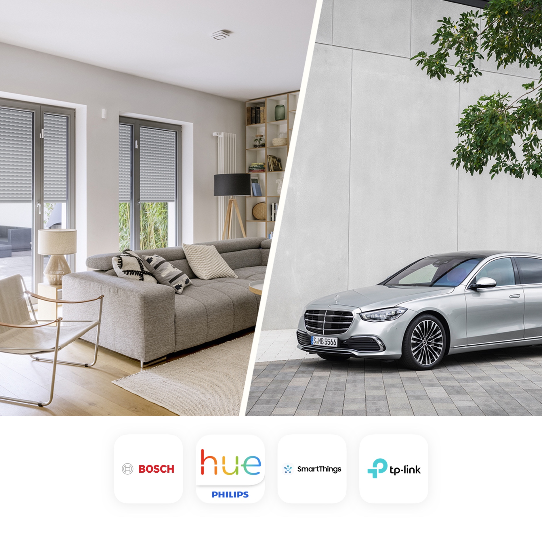 The picture shows a collage of a furnished home and a Mercedes vehicle. Also shown are the various smart home providers that cooperate with Mercedes-Benz. The picture shows a collage of a furnished home and a Mercedes vehicle. Also shown are the various smart home providers that cooperate with Mercedes-Benz.