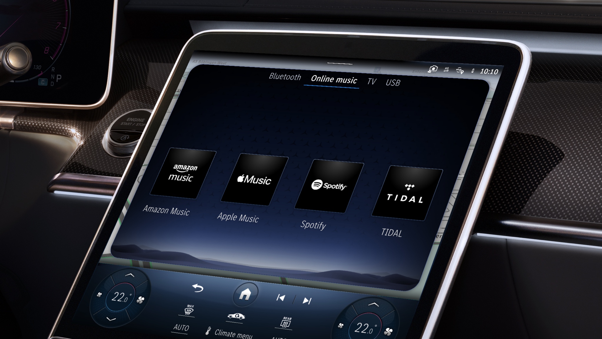 Online Music | Entertainment | Mercedes-Benz The MBUX multimedia system in a Mercedes-Benz displays different audio streaming services.