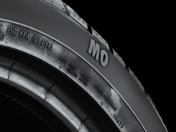 Detailed close-up of a Mercedes MO tyre.