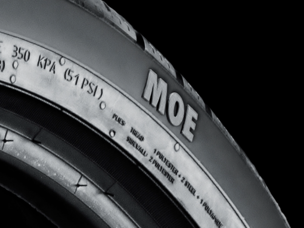 Detailed close-up of a Mercedes MOE tyre.