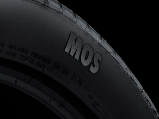 Detailed close-up of a Mercedes MOS tyre.