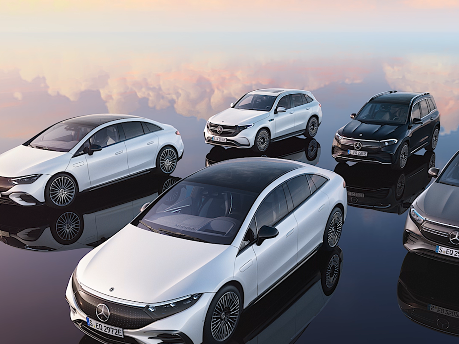 Angled front view of Mercedes-EQ models