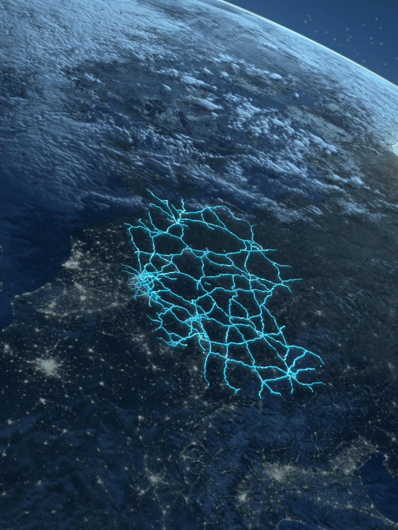 A section of the globe with a schematic representation of the route network in Germany