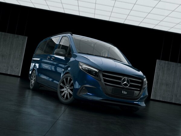 The Mercedes-Benz Vito Tourer, standing in a warehouse surrounded by concrete pillars