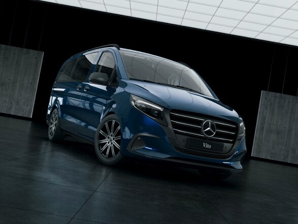 A Mercedes-Benz Vito Tourer, standing in a warehouse surrounded by concrete pillars