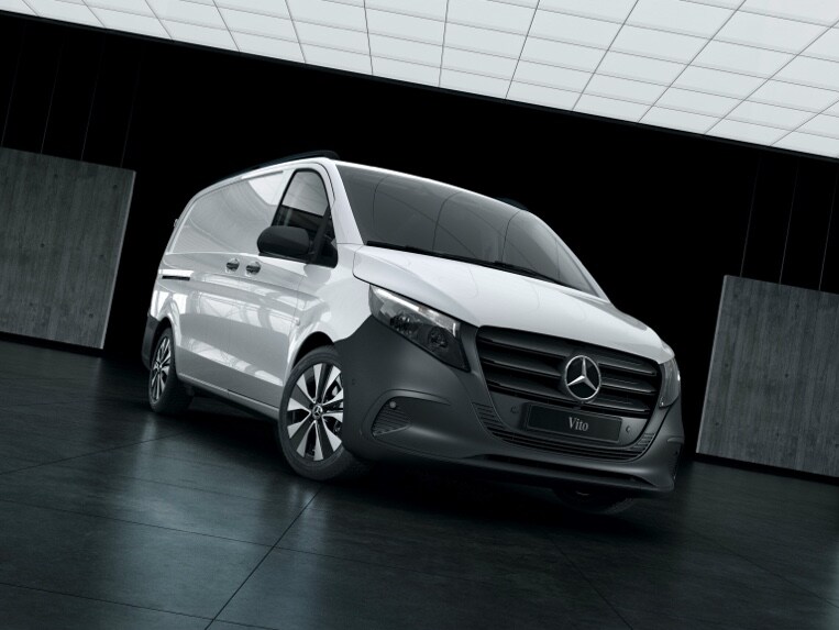 The Mercedes-Benz Vito Panel Van, standing in a warehouse surrounded by concrete pillars.