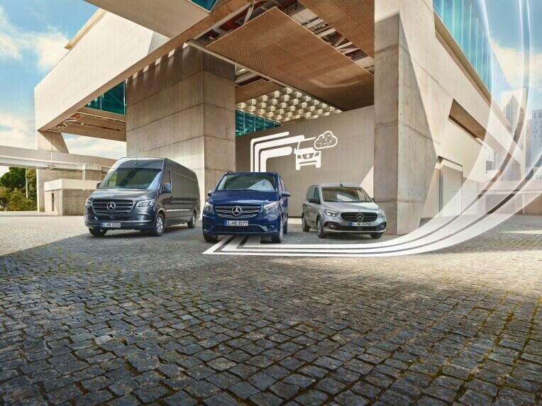 Mercedes-Benz Sprinter, Vito and Citan vans parked side by side on an industrial site.