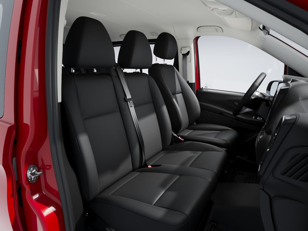 The driver compartment of the Vito Panel Van with two-seater front passenger seat.